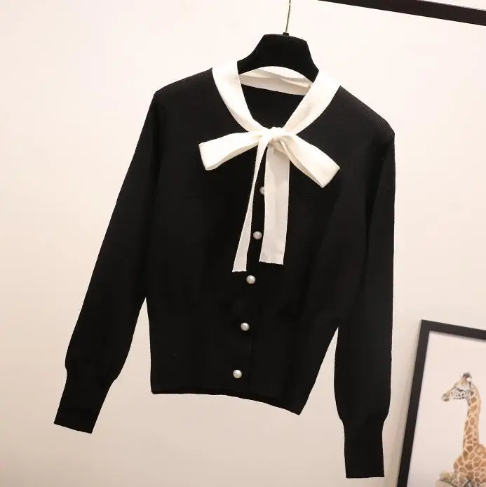Women's Beige Bowknot Knit Cardigan with Long Sleeves - Image 7