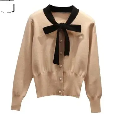 Women's Beige Bowknot Knit Cardigan with Long Sleeves - Image 8
