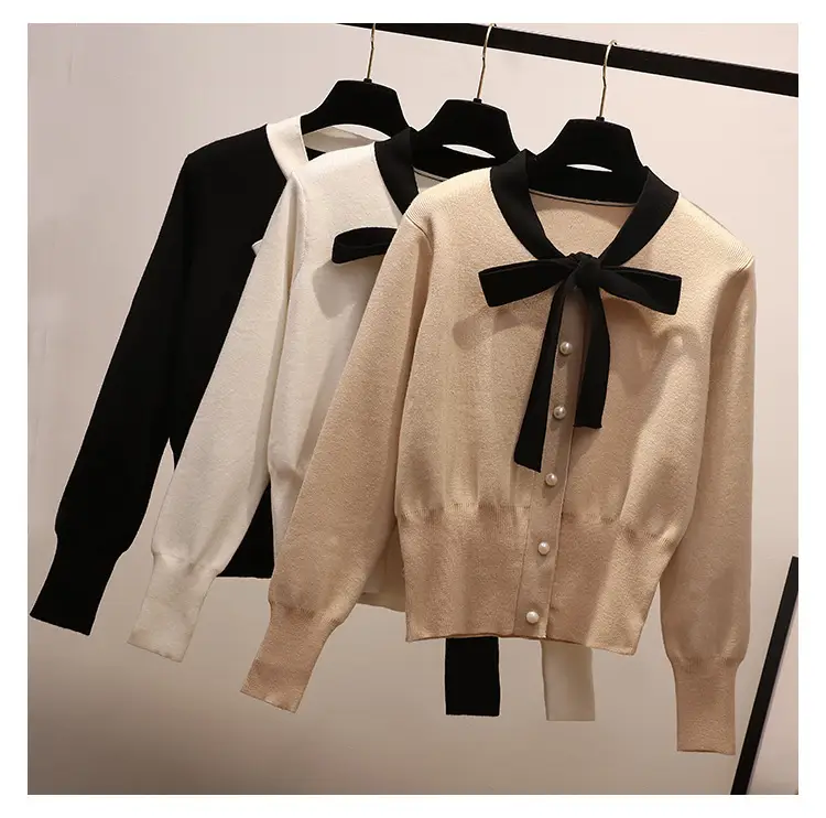 Women's Beige Bowknot Knit Cardigan with Long Sleeves — feature 1