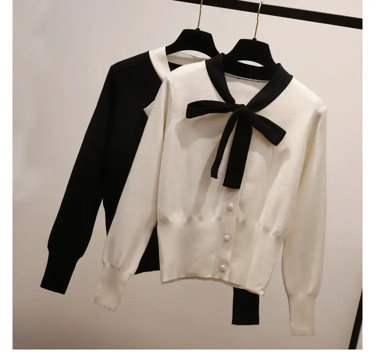 Women's Beige Bowknot Knit Cardigan with Long Sleeves — feature 2