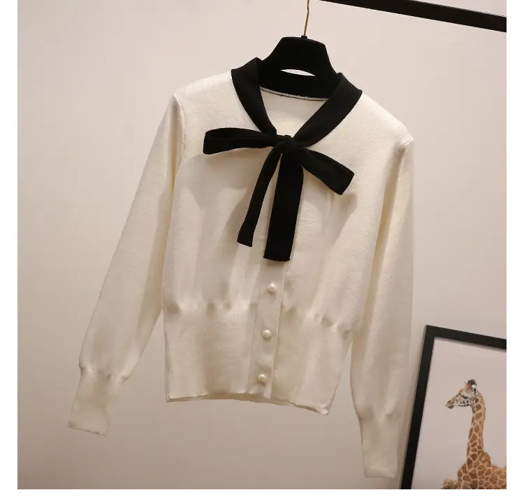 Women's Beige Bowknot Knit Cardigan with Long Sleeves — feature 3