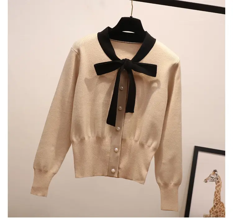 Women's Beige Bowknot Knit Cardigan with Long Sleeves — feature 4