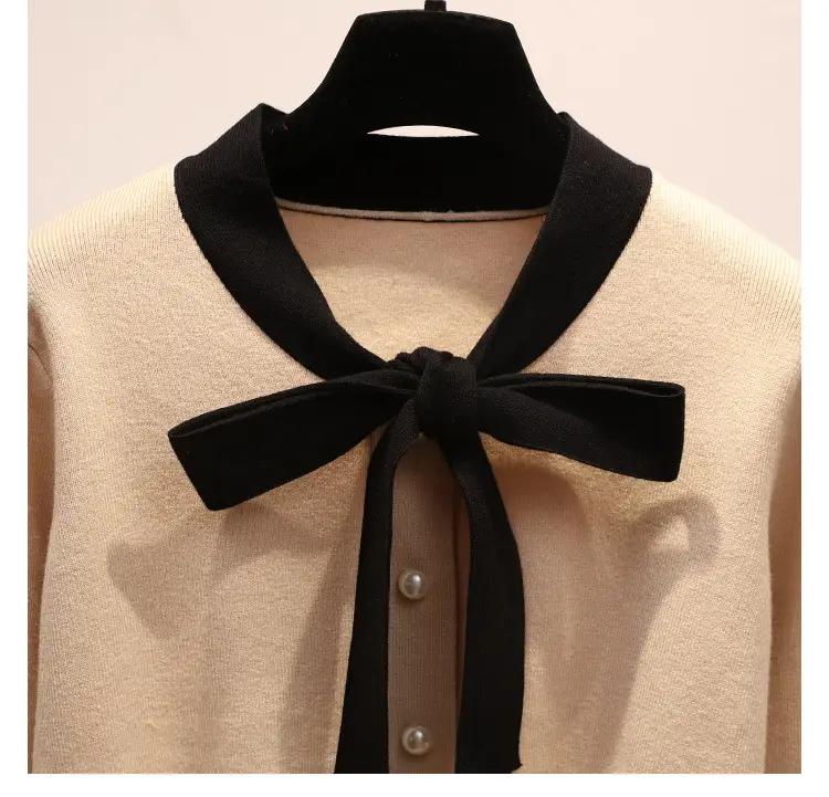 Women's Beige Bowknot Knit Cardigan with Long Sleeves — feature 5