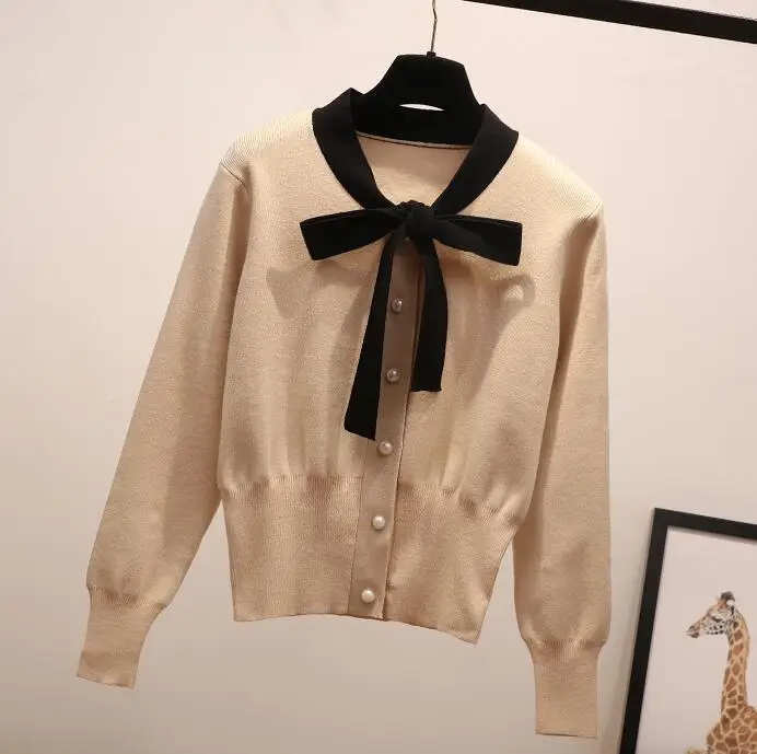 Women's Beige Bowknot Knit Cardigan with Long Sleeves - Image 2