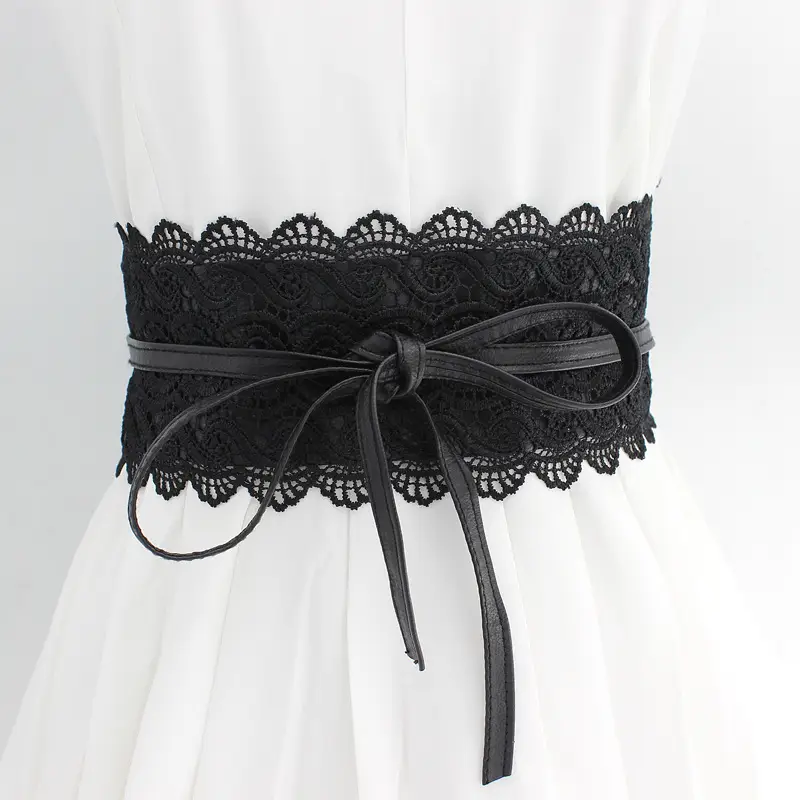 Black Lace Wide Belt with Bow for Women