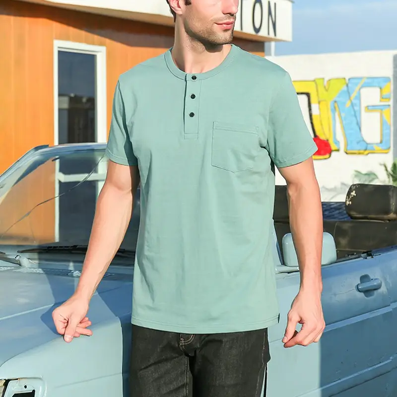 Men Pure Cotton Black T-Shirt Henry Collar Button Front - Image 7