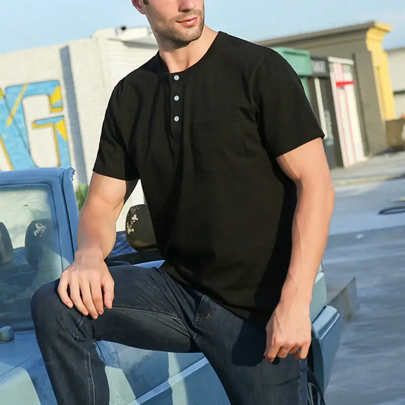 Men Pure Cotton Black T-Shirt Henry Collar Button Front - Image 9
