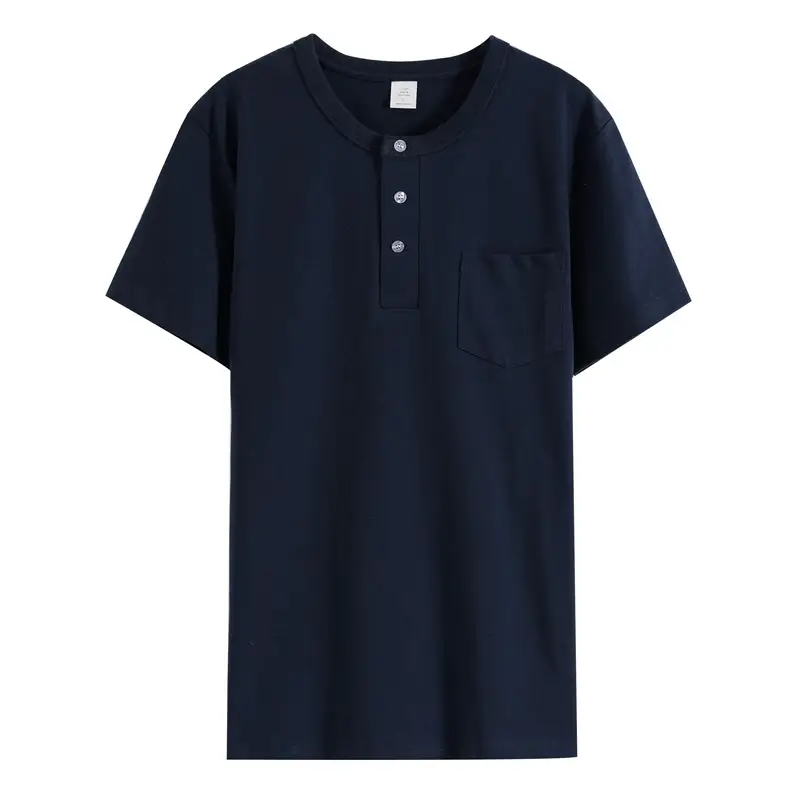 Men Pure Cotton Black T-Shirt Henry Collar Button Front - Image 3
