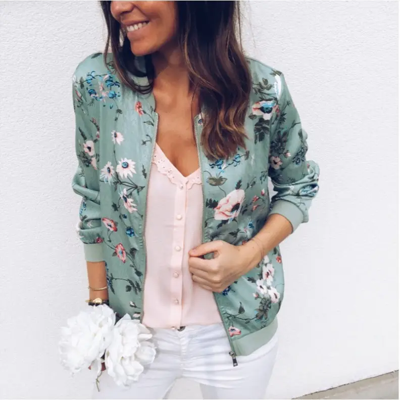 Women Printed Crew Neck Coat White Floral 2020 - Image 13
