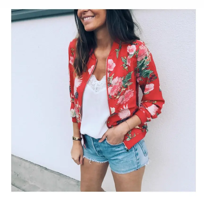 Women Printed Crew Neck Coat White Floral 2020 - Image 14