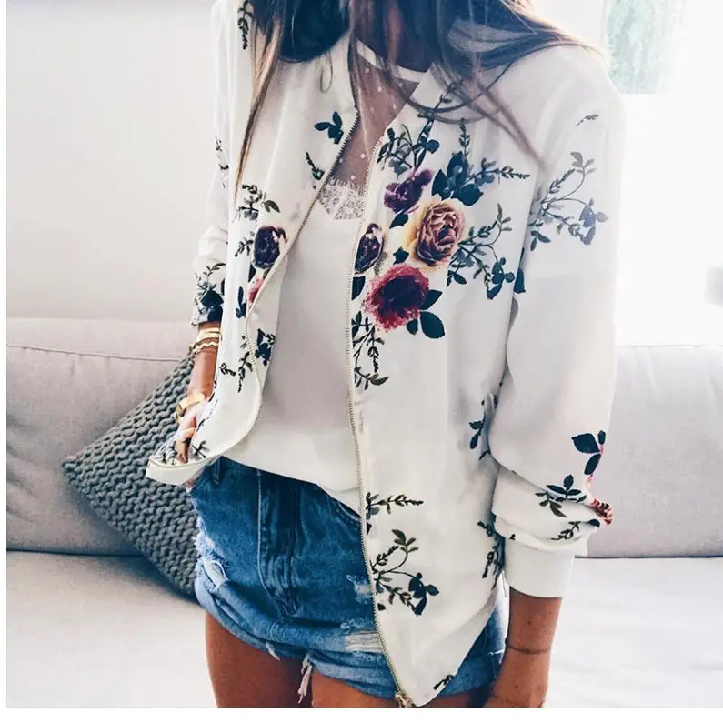 Women Printed Crew Neck Coat White Floral 2020 - Image 15