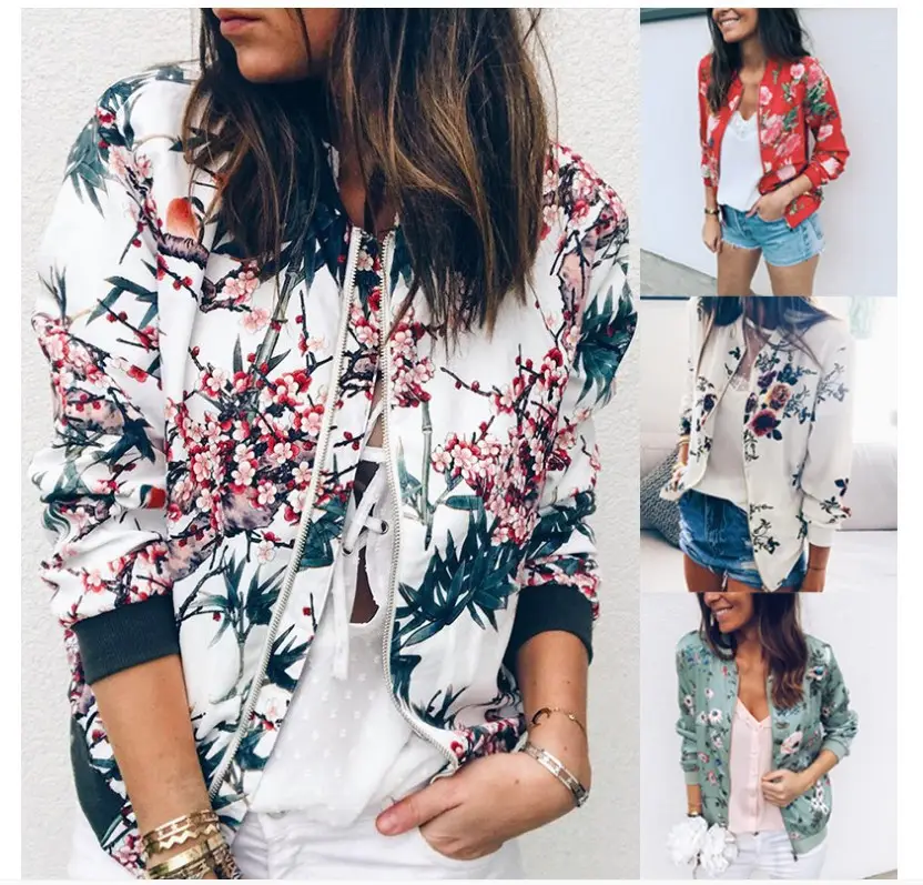 Women Printed Crew Neck Coat White Floral 2020 — feature 2