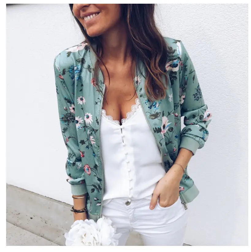 Women Printed Crew Neck Coat White Floral 2020 — feature 5