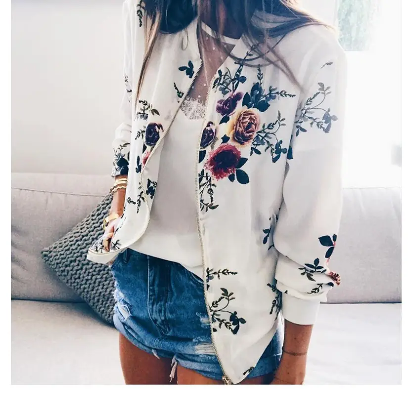 Women Printed Crew Neck Coat White Floral 2020 — feature 8