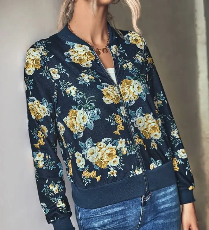 Women Printed Crew Neck Coat White Floral 2020 - Image 10