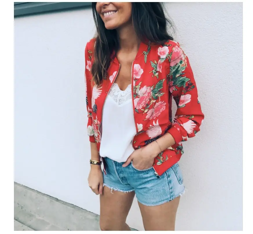Women Printed Crew Neck Coat White Floral 2020 - Image 3