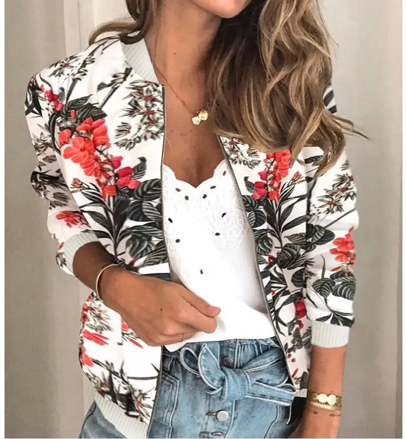 Women Printed Crew Neck Coat White Floral 2020 - Image 6