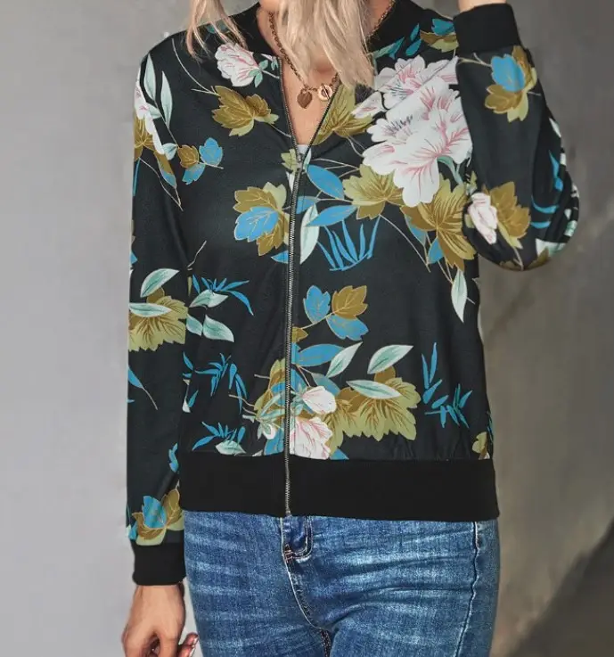 Women Printed Crew Neck Coat White Floral 2020 - Image 9