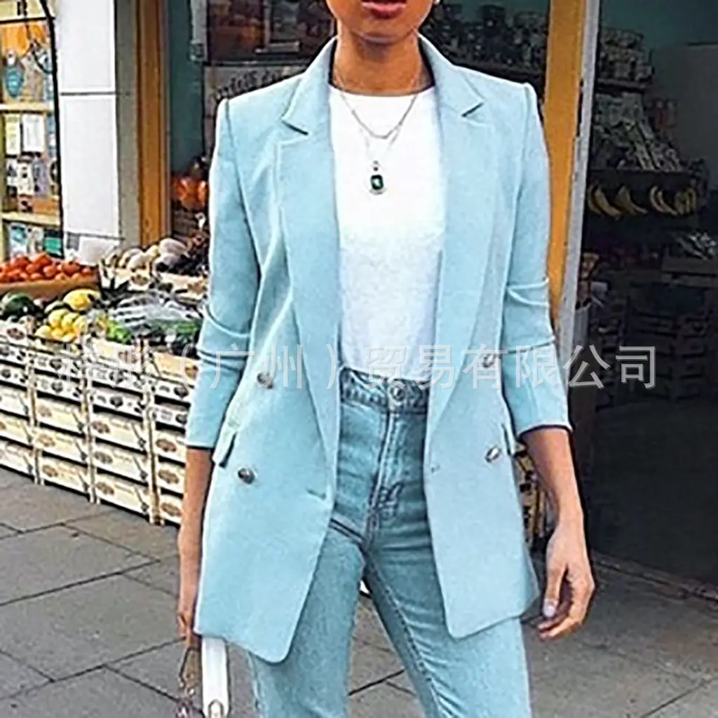 Women's Light Blue Slim Fit Jacket Suit with Jeans