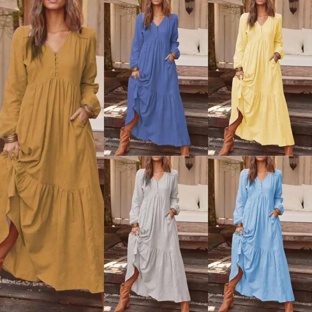 Blue Long Sleeve V-Neck Dress with Flared Skirt - Image 9