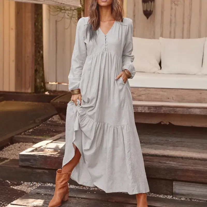 Blue Long Sleeve V-Neck Dress with Flared Skirt - Image 10