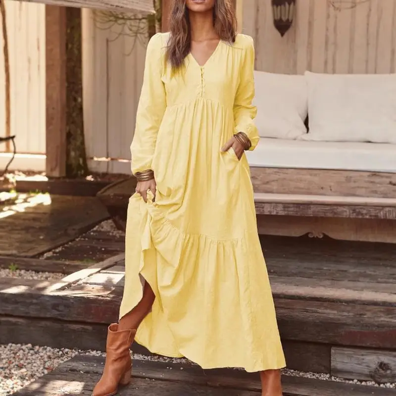 Blue Long Sleeve V-Neck Dress with Flared Skirt - Image 11