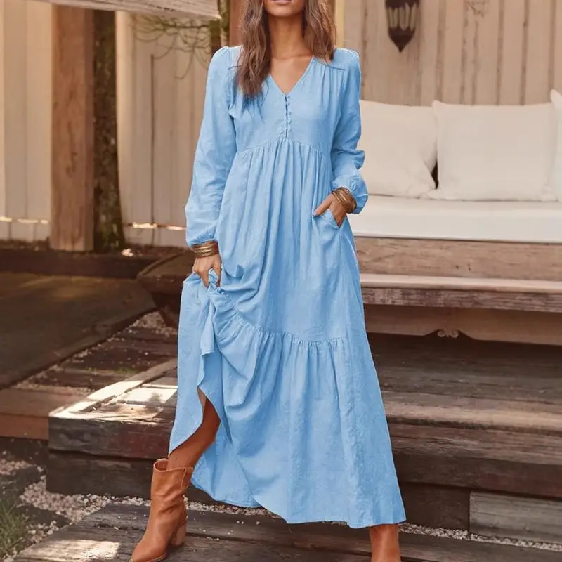 Blue Long Sleeve V-Neck Dress with Flared Skirt - Image 12