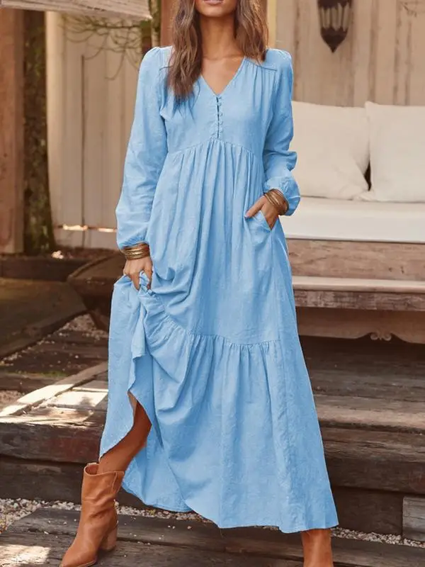 Blue Long Sleeve V-Neck Dress with Flared Skirt — feature 5
