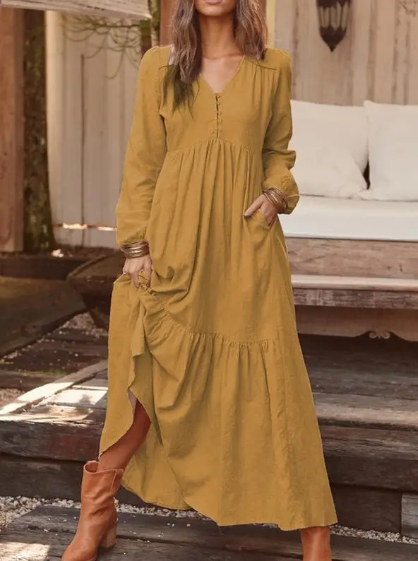 Blue Long Sleeve V-Neck Dress with Flared Skirt - Image 4