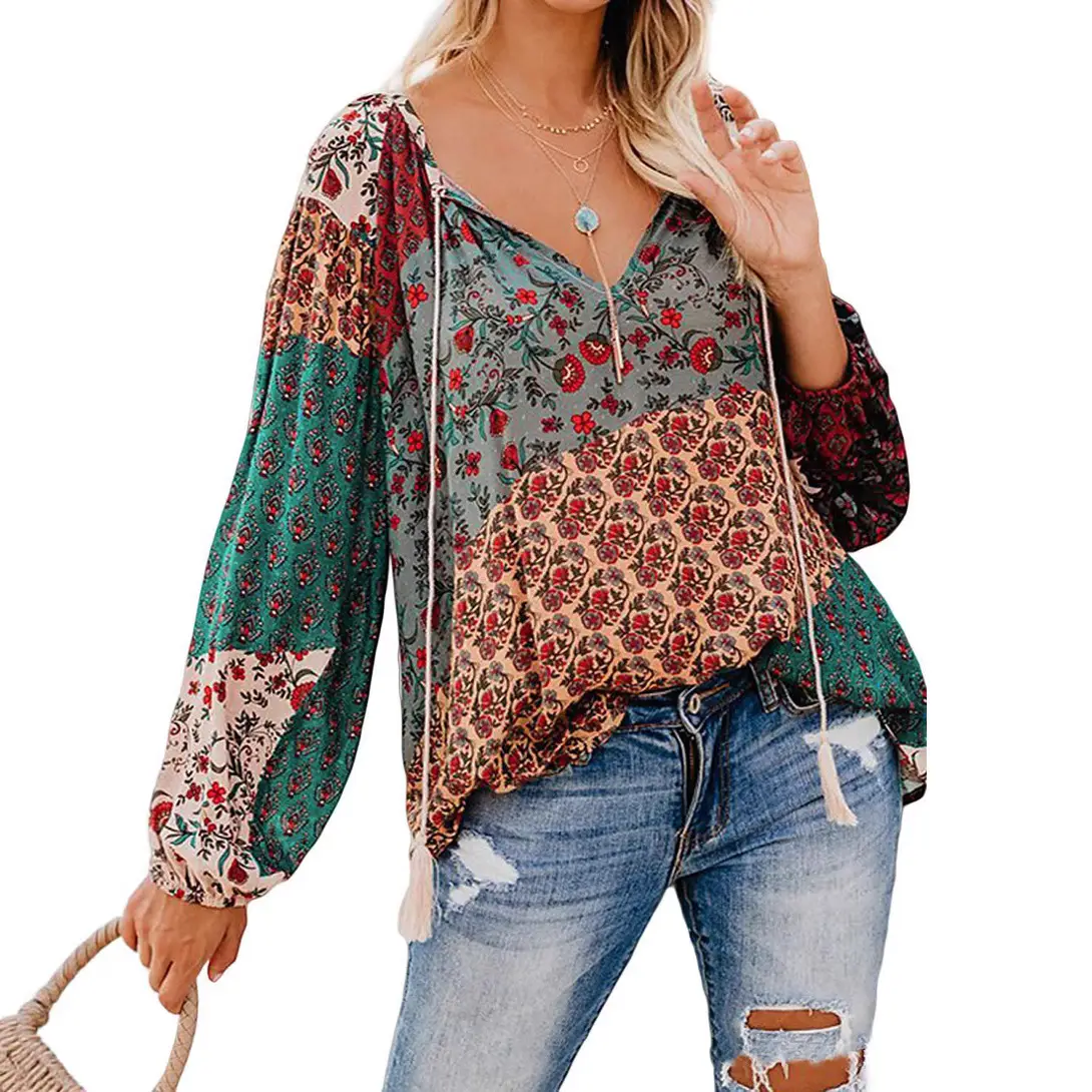 Women Floral V Neck Long Sleeve Pullover Shirt Navy Blue - Image 8