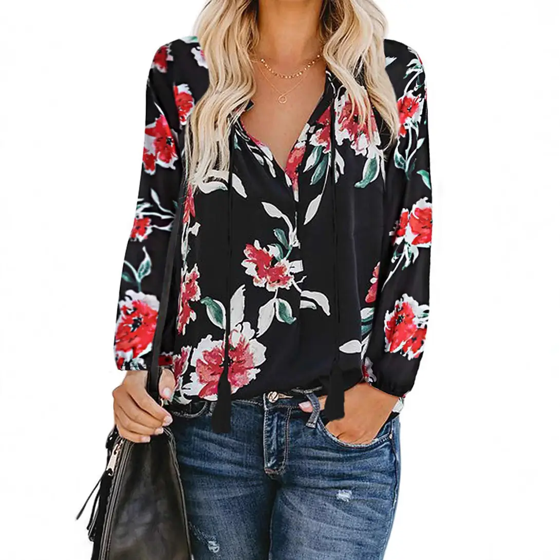 Women Floral V Neck Long Sleeve Pullover Shirt Navy Blue - Image 9