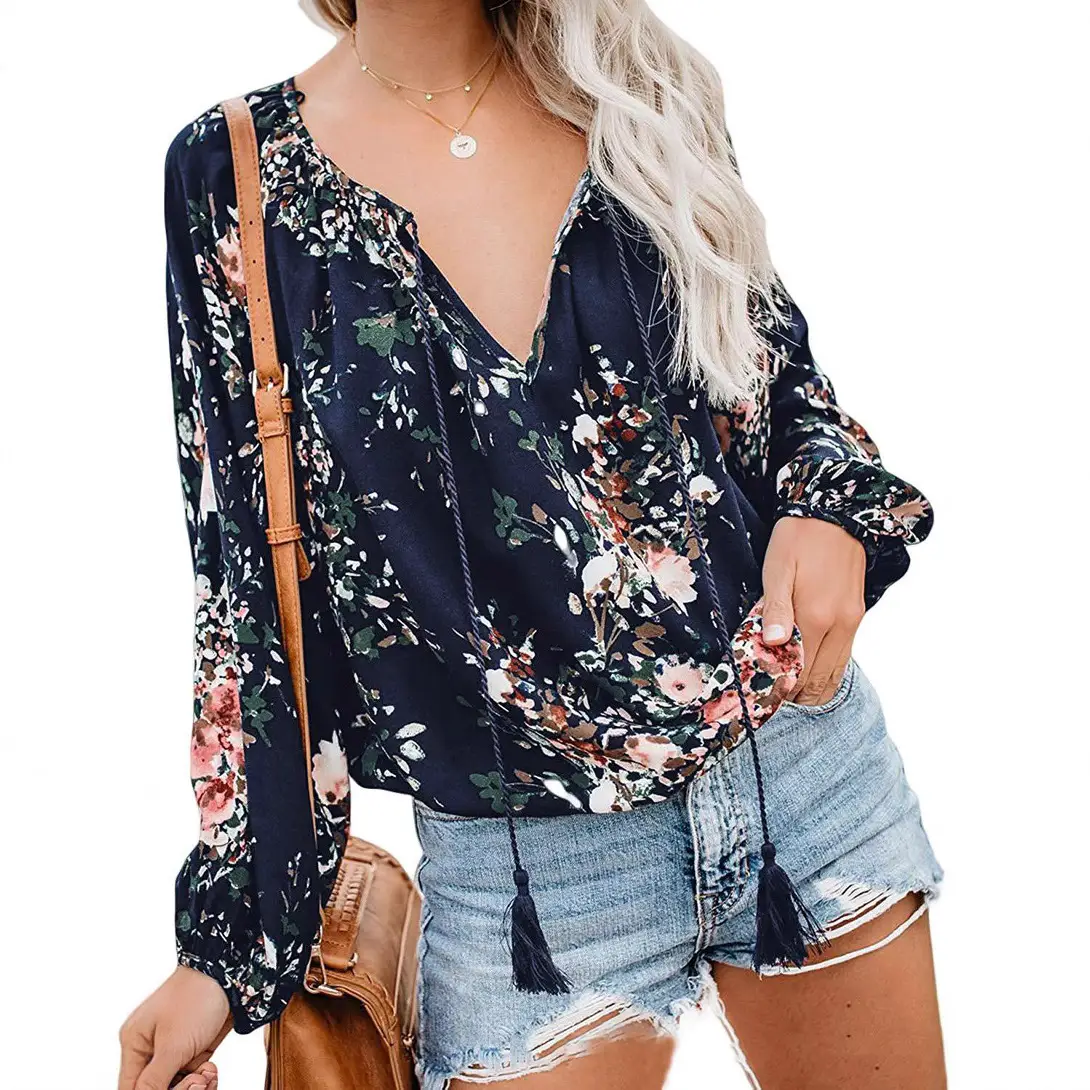 Women Floral V Neck Long Sleeve Pullover Shirt Navy Blue - Image 11