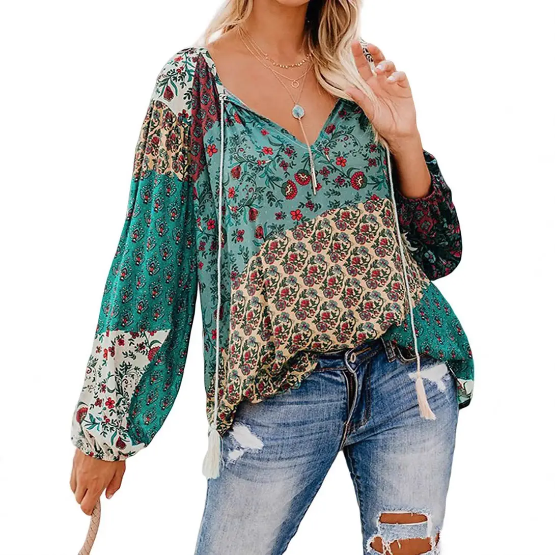 Women Floral V Neck Long Sleeve Pullover Shirt Large - Image 7