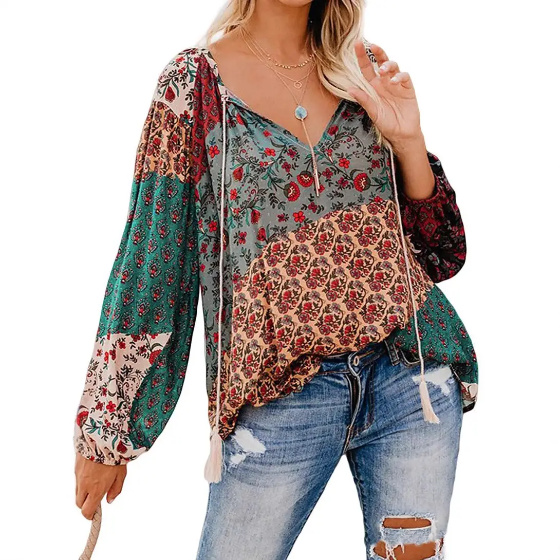 Women Floral V Neck Long Sleeve Pullover Shirt Large - Image 8