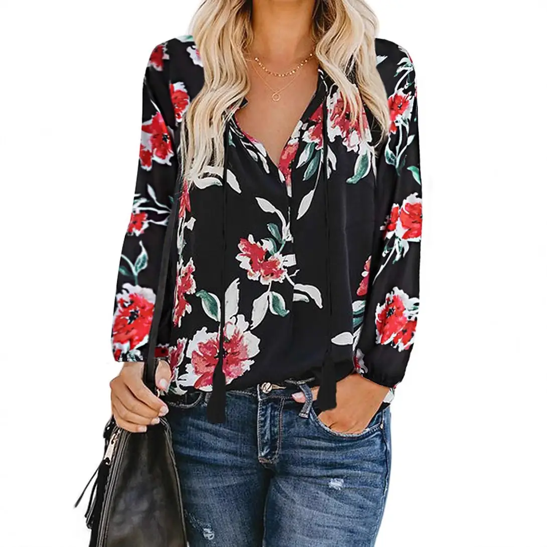 Women Floral V Neck Long Sleeve Pullover Shirt Large - Image 9