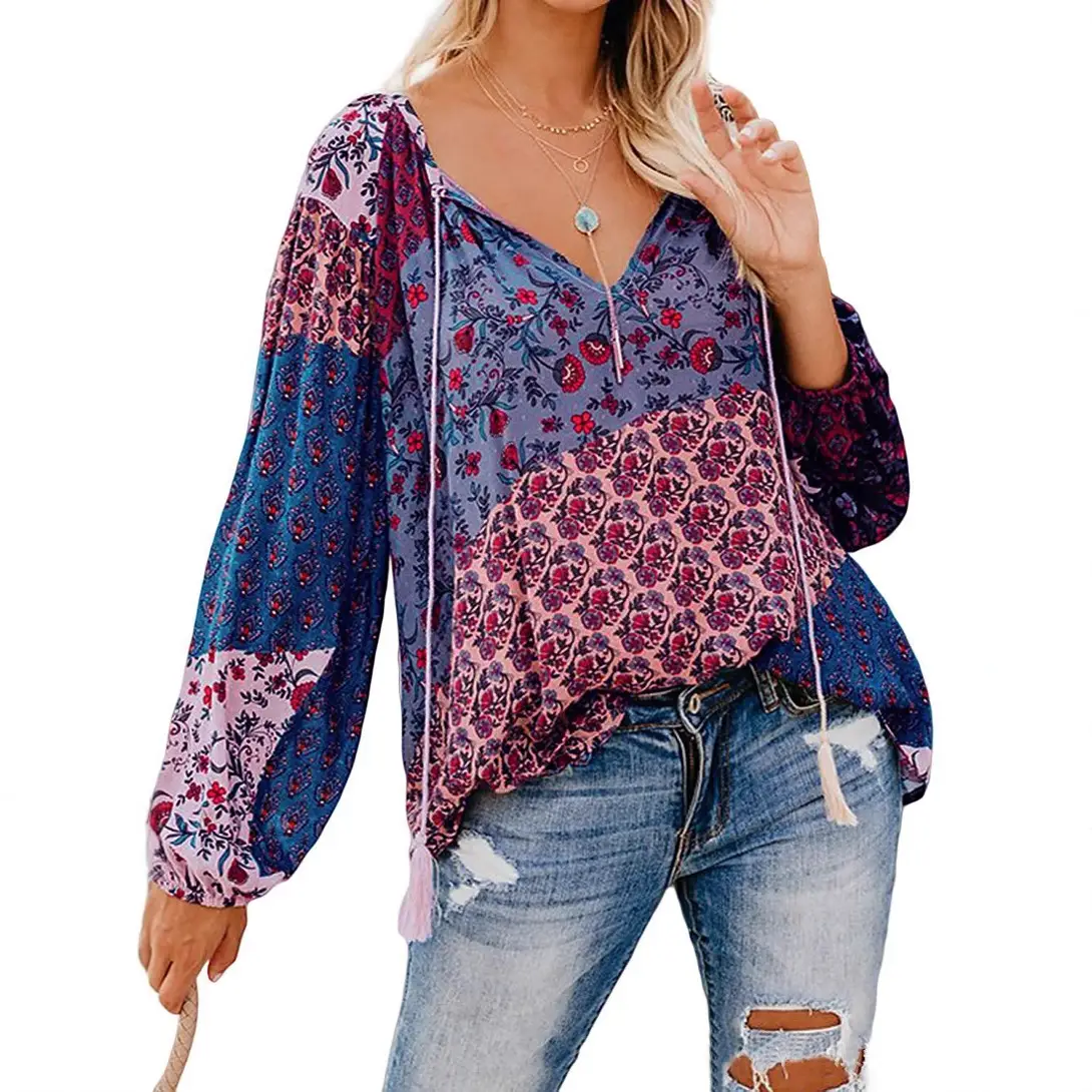 Women Floral V Neck Long Sleeve Pullover Shirt Large - Image 10