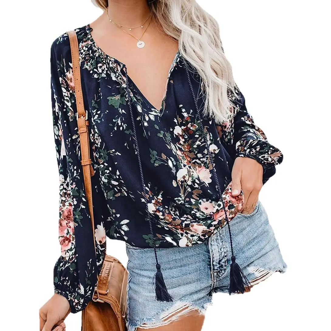 Women Floral V Neck Long Sleeve Pullover Shirt Large - Image 11