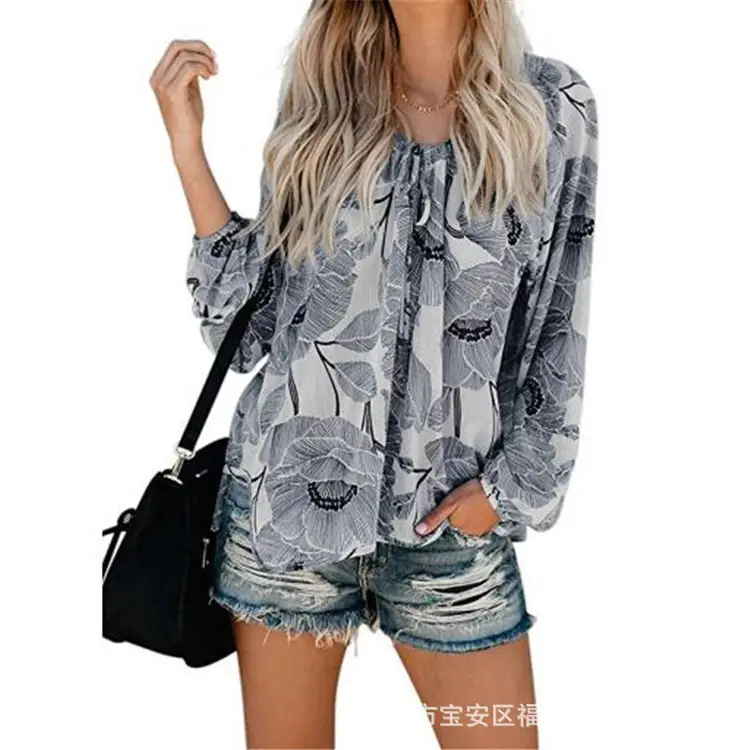 Women Floral V Neck Long Sleeve Pullover Shirt Large - Image 2
