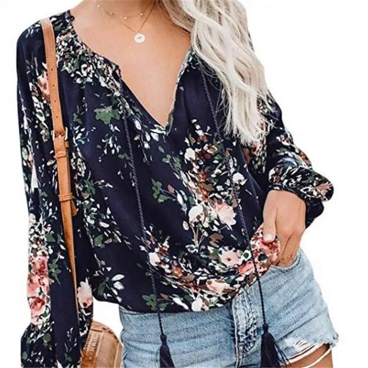 Women Floral V Neck Long Sleeve Pullover Shirt Large - Image 3