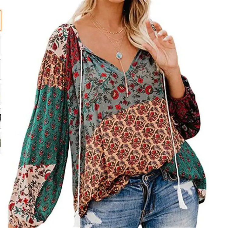 Women Floral V Neck Long Sleeve Pullover Shirt Large - Image 4
