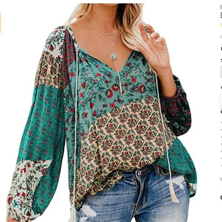 Women Floral V Neck Long Sleeve Pullover Shirt Large - Image 5
