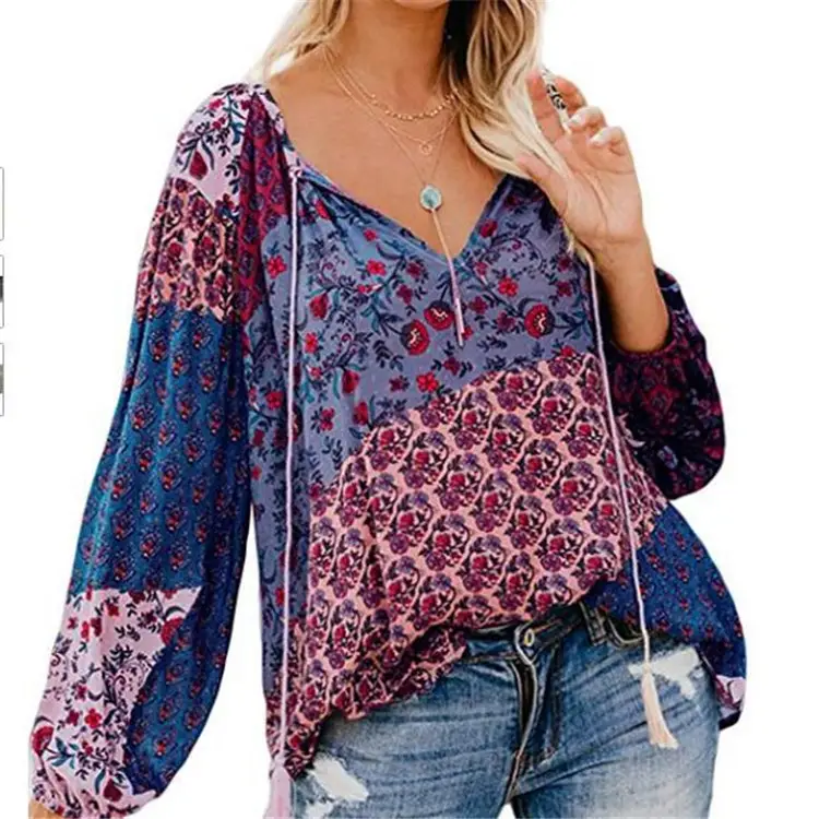 Women Floral V Neck Long Sleeve Pullover Shirt Large - Image 6