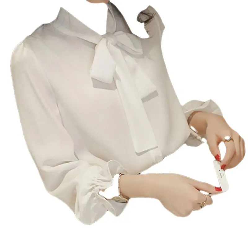 Women's Bow Neck Chiffon Shirt Brown Long Sleeve - Image 7