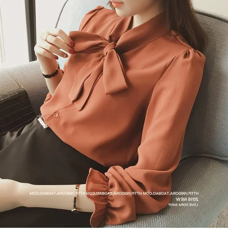Women's Bow Neck Chiffon Shirt Brown Long Sleeve — feature 15