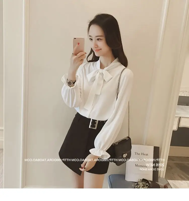 Women's Bow Neck Chiffon Shirt Brown Long Sleeve — feature 18