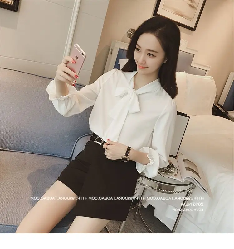 Women's Bow Neck Chiffon Shirt Brown Long Sleeve — feature 24
