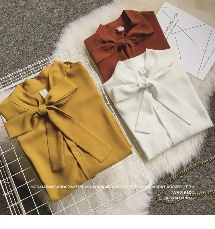Women's Bow Neck Chiffon Shirt Brown Long Sleeve — feature 3