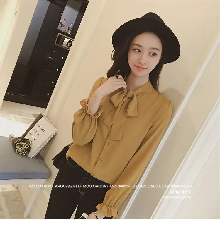 Women's Bow Neck Chiffon Shirt Brown Long Sleeve — feature 31