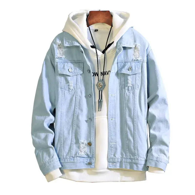 Men's Light Blue Ripped Korean Style Denim Jacket