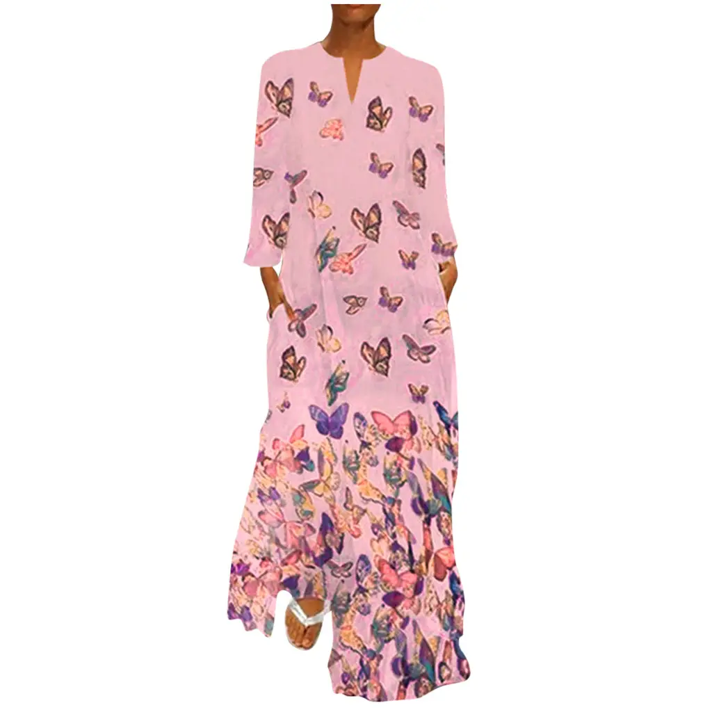 Women Butterfly Print V Neck Long Sleeve Dress Yellow - Image 2